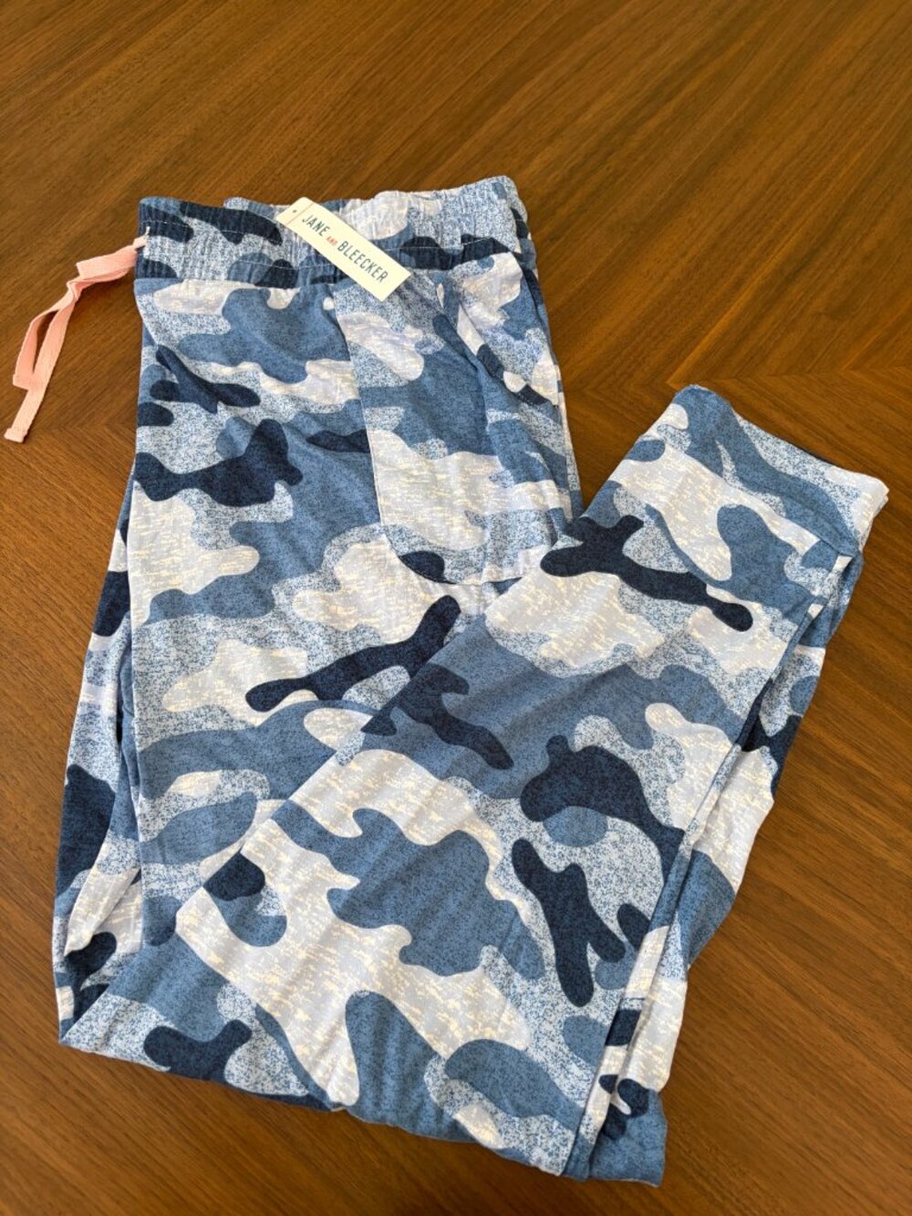 Jane and Bleecker Blue Camo Pajama Pants Large Joggers Drawstring Stretch NWT